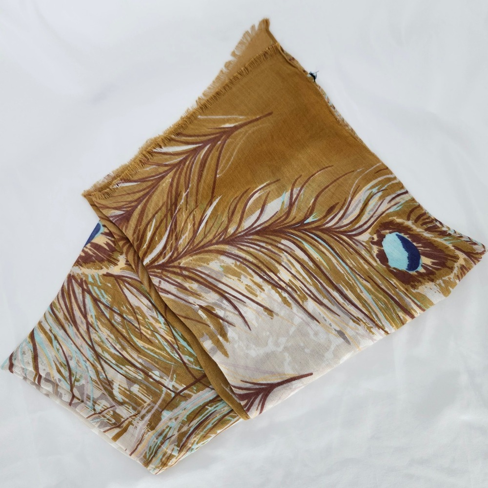 Brown Peacock Leopard Print Scarf Wrap OS Boho Earthy Jewel Eyelash Fringe